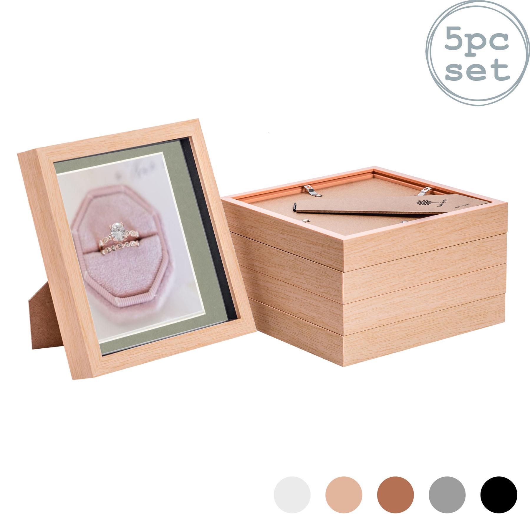 Nicola Spring 3D Box Photo Frames - 8 x 8" with 6 x 6" Mount - White Mount - Pack of 5 in Light Brown