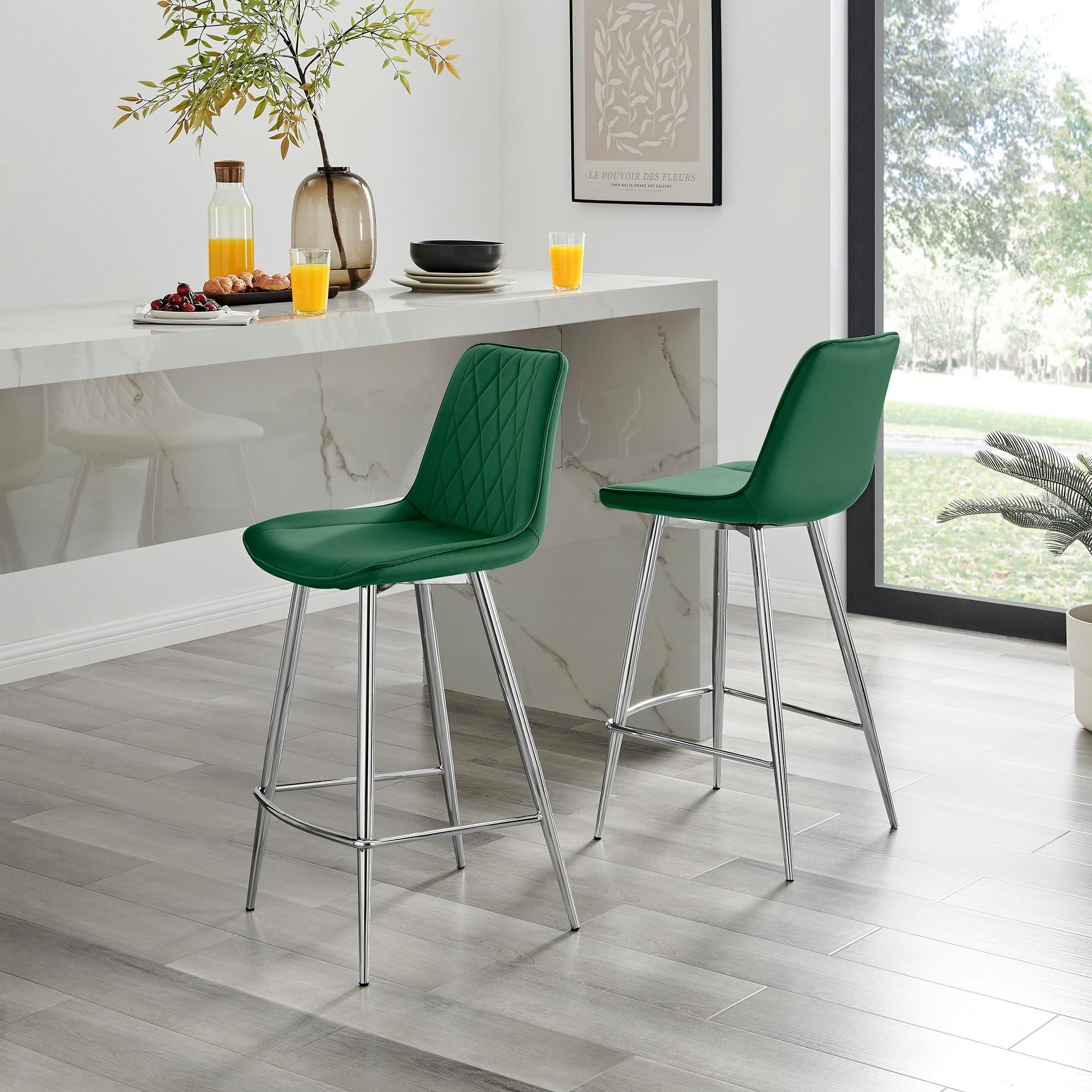 FurnitureboxUK Pesaro Set of 2 Velvet Silver Legs Counter Stools in Green
