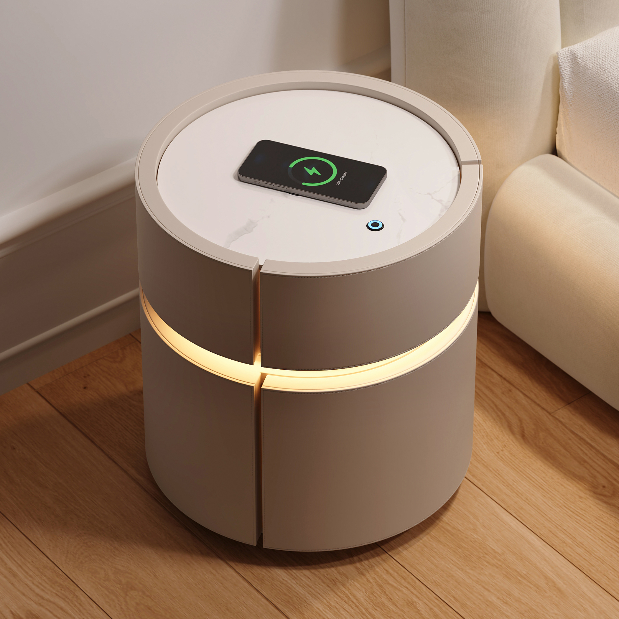 Round Saddle Leather Bedside Table with Wireless Charging Bedside Table in Beige