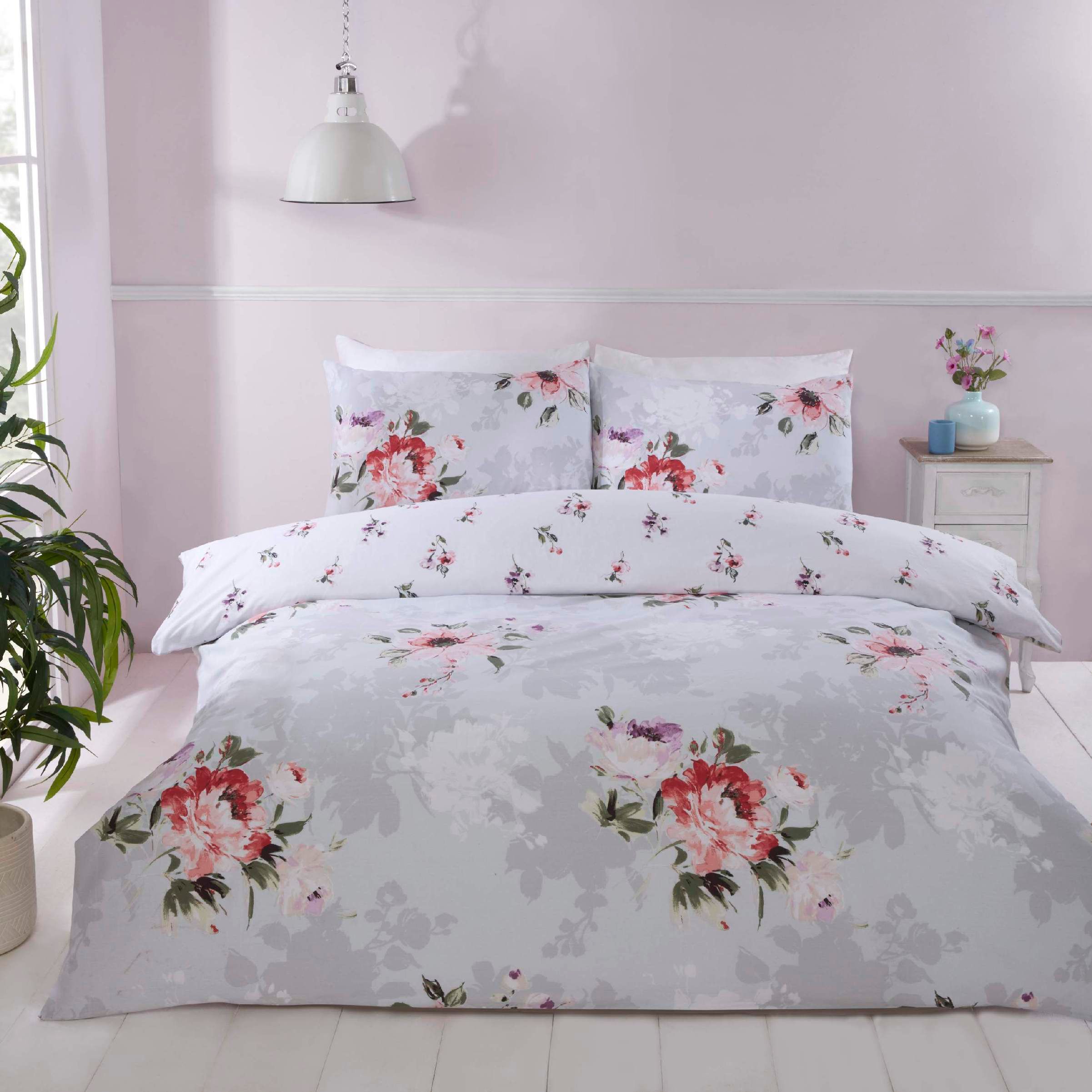 Rapport Home Margot Floral Microfibre Polyester Reversible Duvet Cover Set with Pillowcase in Grey