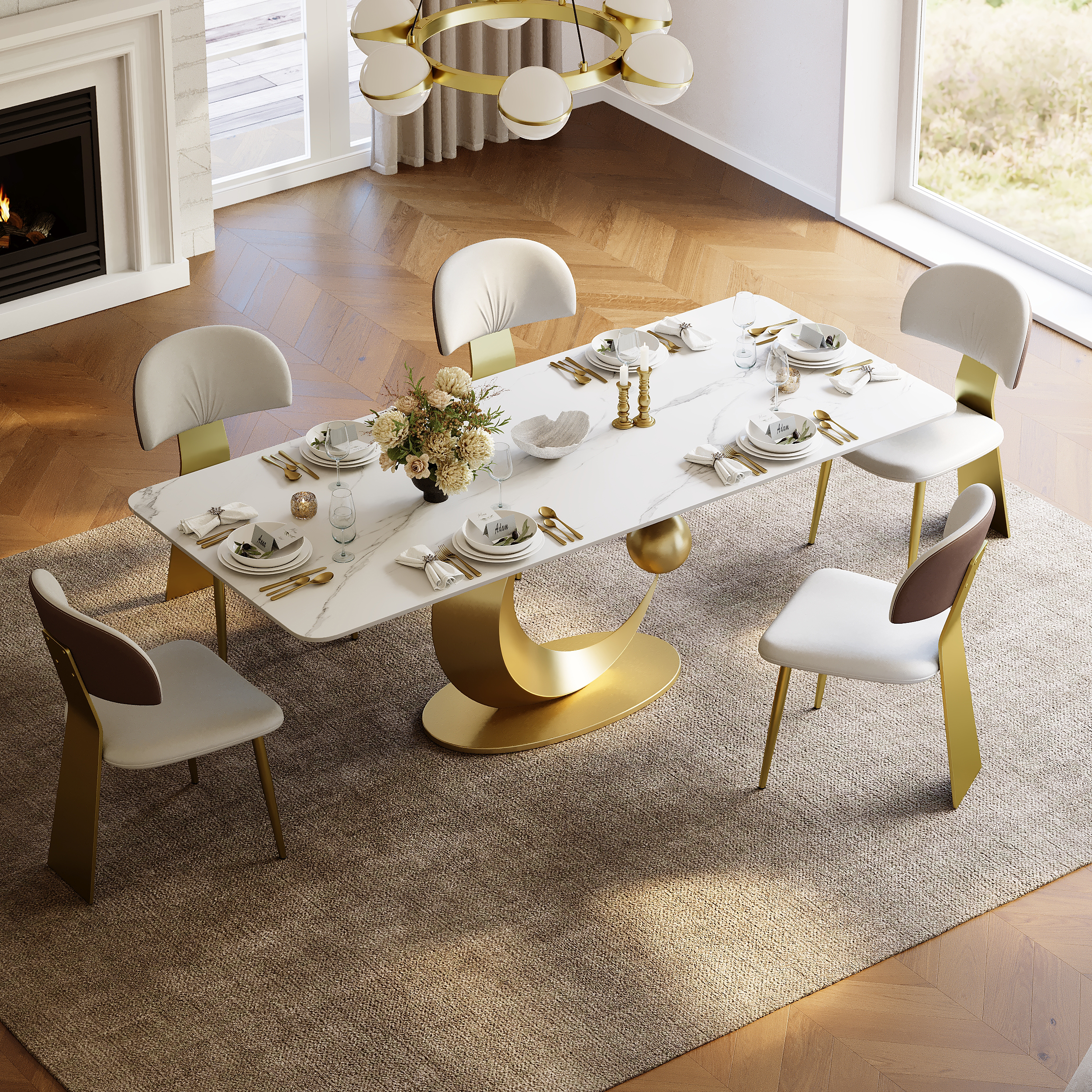 180 cm White Rectangular Dining Table Modern Faux Marble Tabletop with Pedestal Base