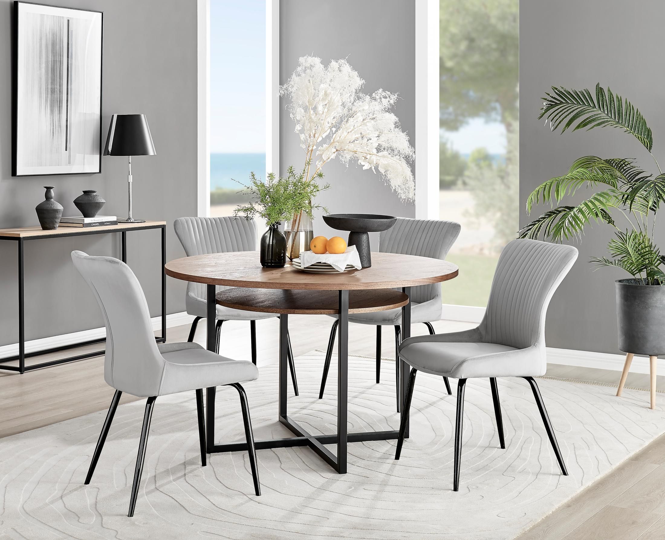 FurnitureboxUK Adley Brown Wood Storage Dining Table & 4 Nora Black Leg Chairs in Light Grey