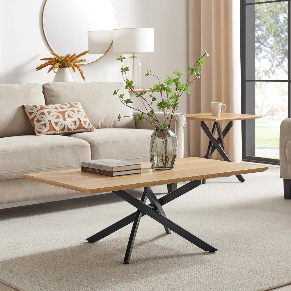 FurnitureboxUK Leonardo Rectangular Oak Veneer & Black Coffee Table in Light Brown