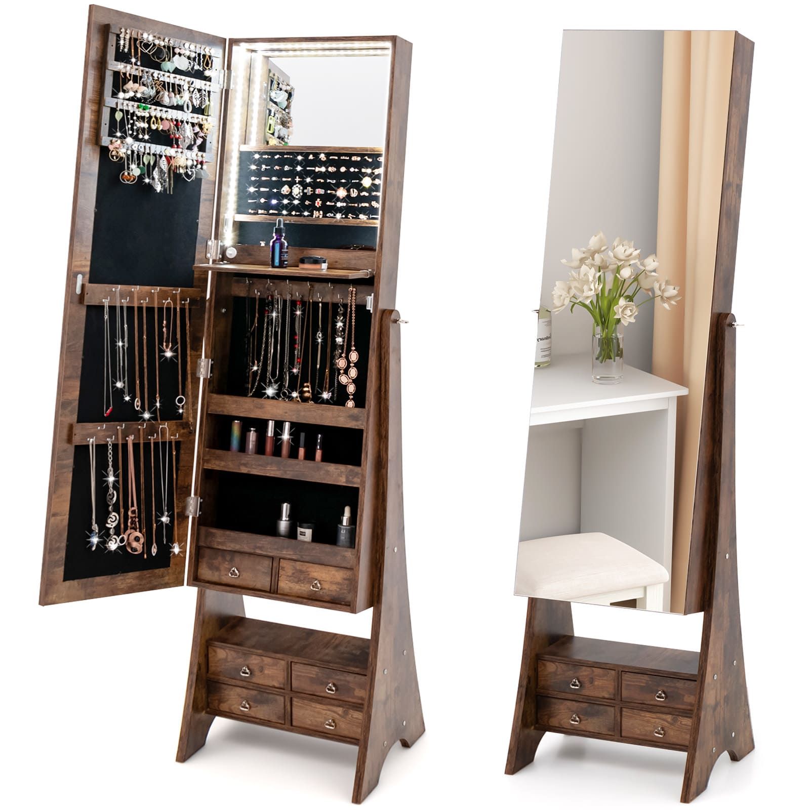 Costway Freestanding Jewelry Cabinet Floor Jewelry Armoire Organizer in Brown