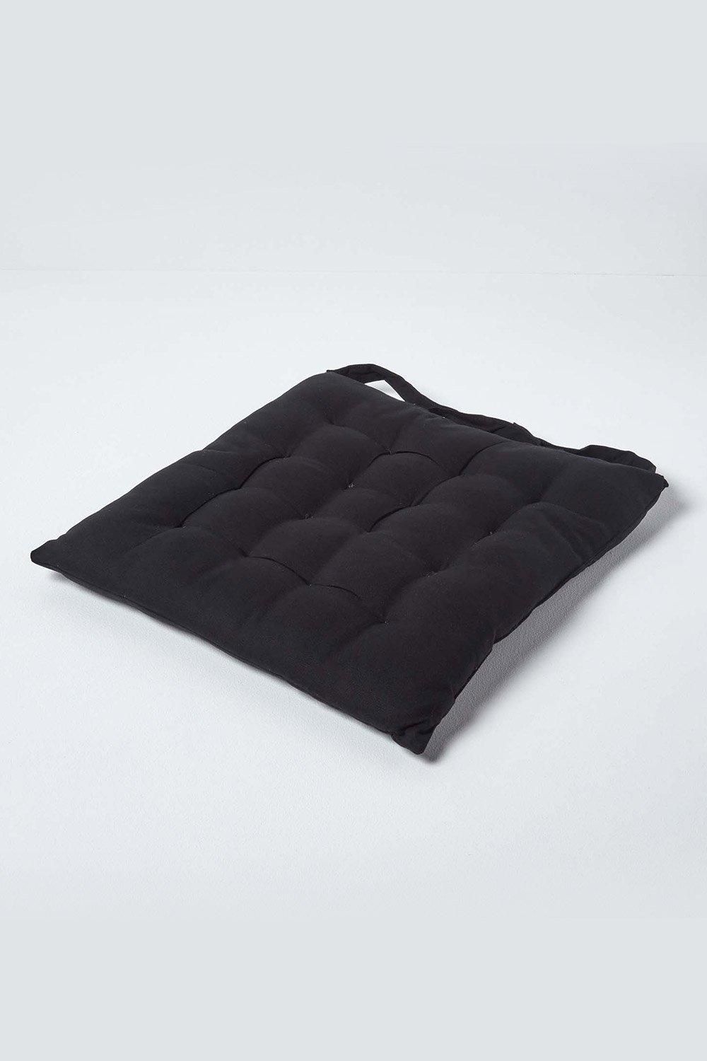 Homescapes Seat Pad Luxury 100% Cotton Indoor Outdoor Garden Cushion, Button Tie, 40cm in Black