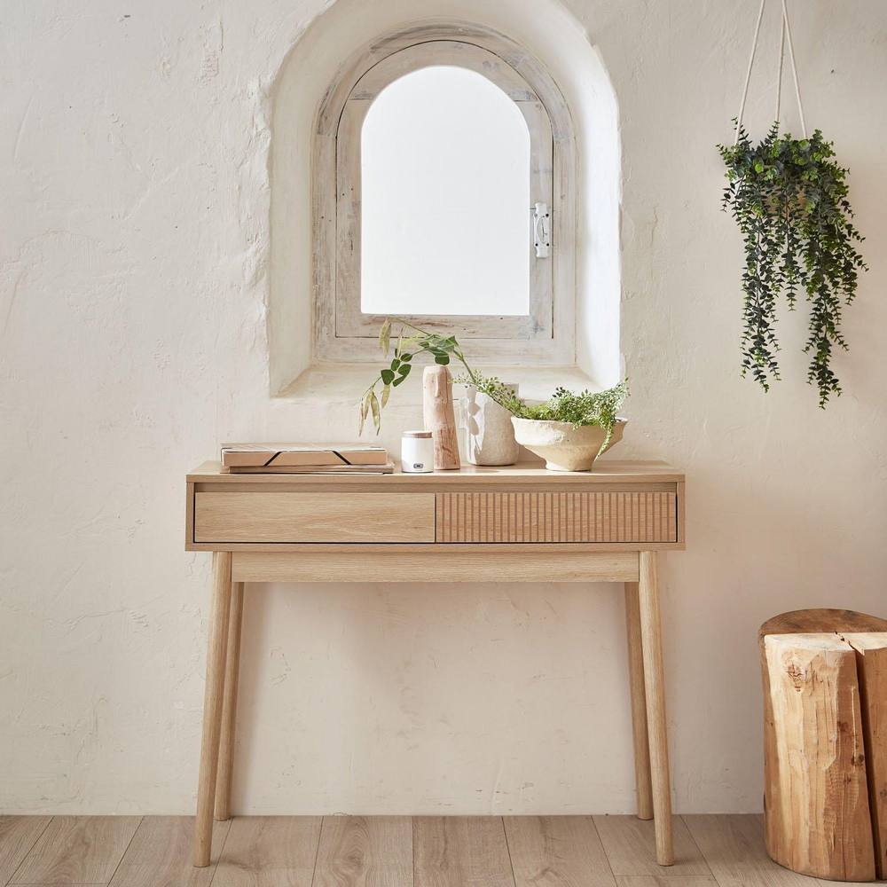 sweeek 100cm Console Table With Grooved Wooden Detail in Light Brown