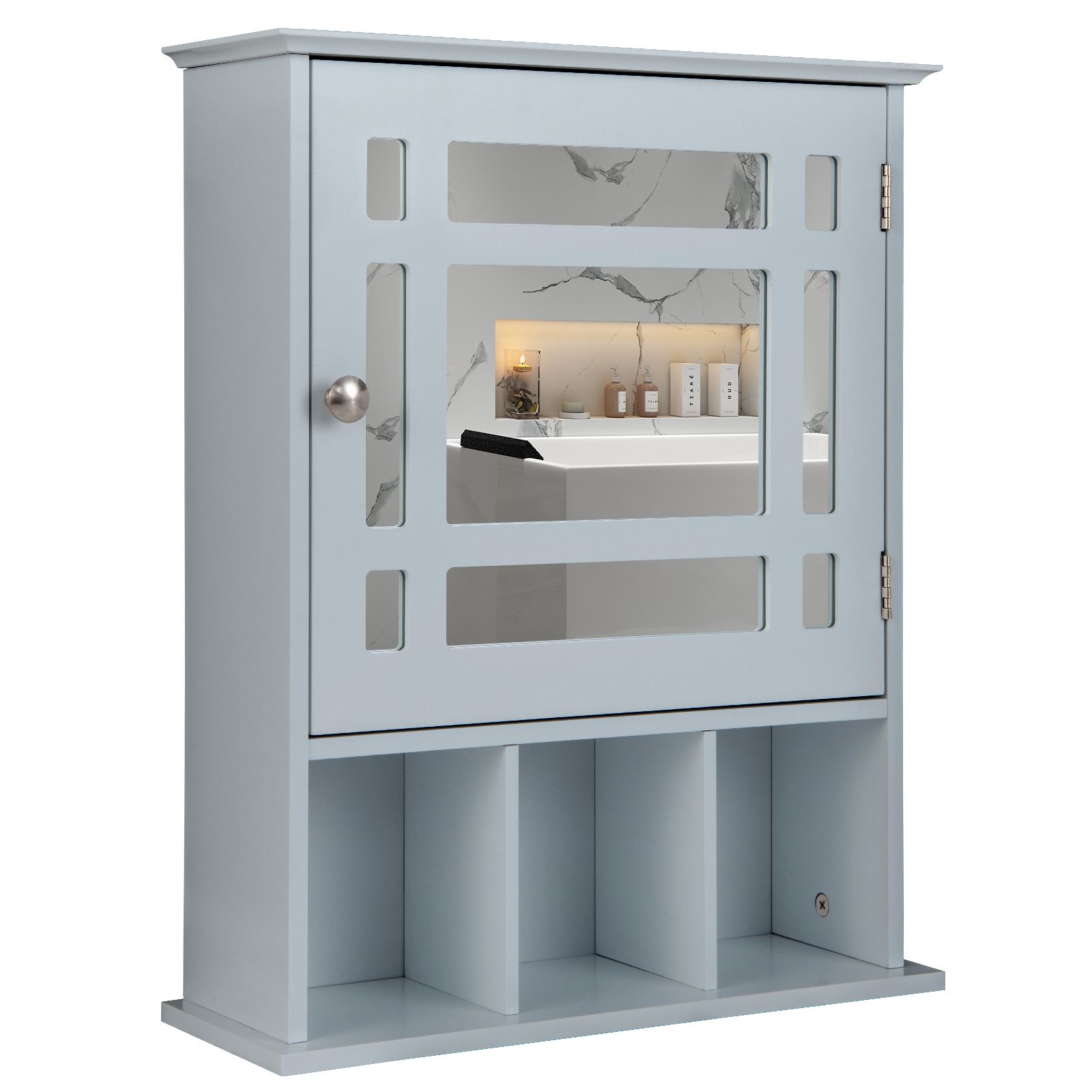 Costway Bathroom Wall Storage Cabinet Wooden Hanging Medicine Organizer W/ Mirror in Grey