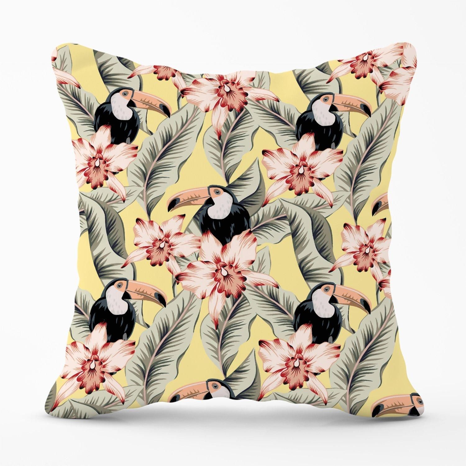 Warren Reed - Designer Toucans, Orchids & Palm Leaves Outdoor Cushion in Yellow