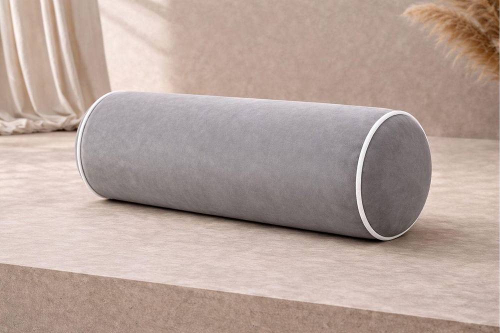 HOB Furniture Bolster Cushion with White Piping in Grey