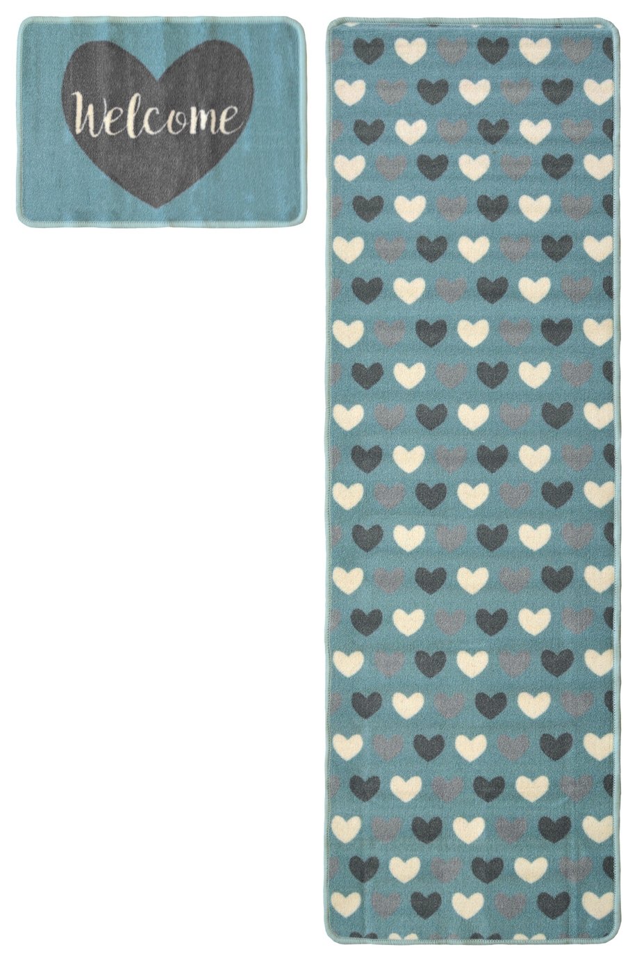 Homemaker Washable Hearts Mat and Runner - 57x180cm - Teal