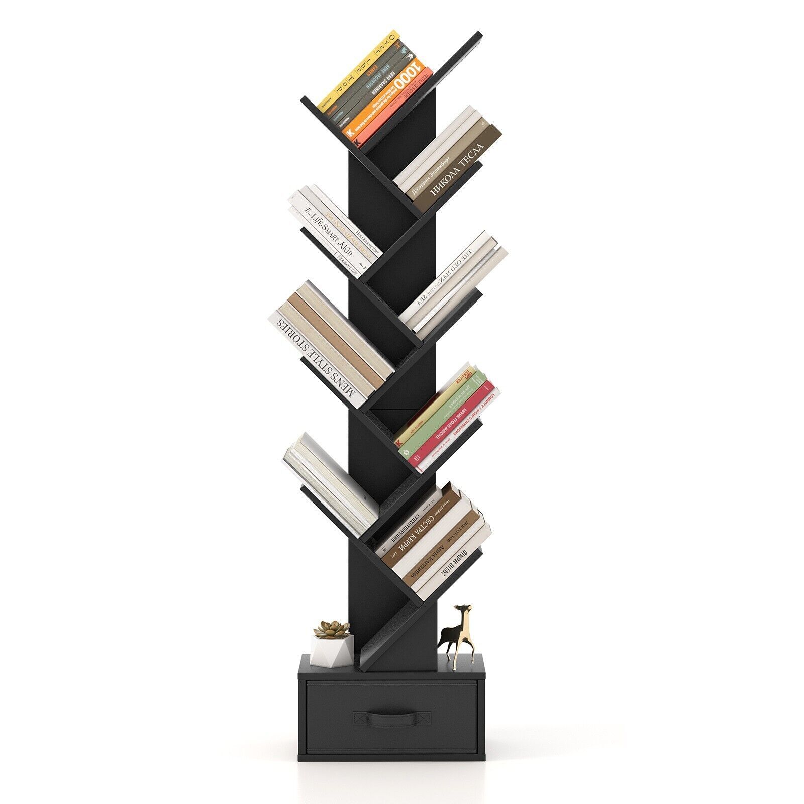 Costway 10 Tiers Bookshelf Display Bookcase Tree Shaped Storage Rack Shelves with Drawer in Black