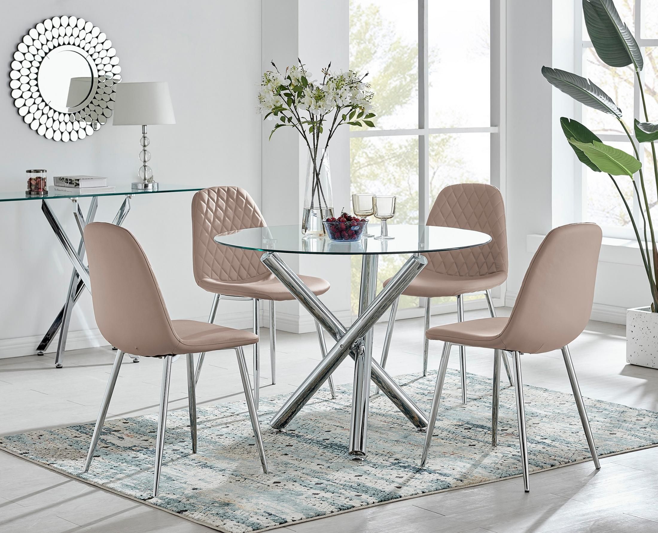 FurnitureboxUK Selina Round Glass Chrome Leg Dining Table & Corona Silver Leg Chairs in Beige