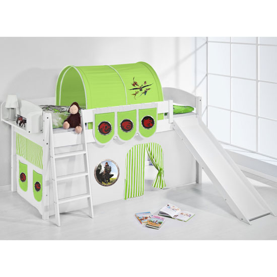 Lilla Slide Children Bed In White With Dragons Green Curtains