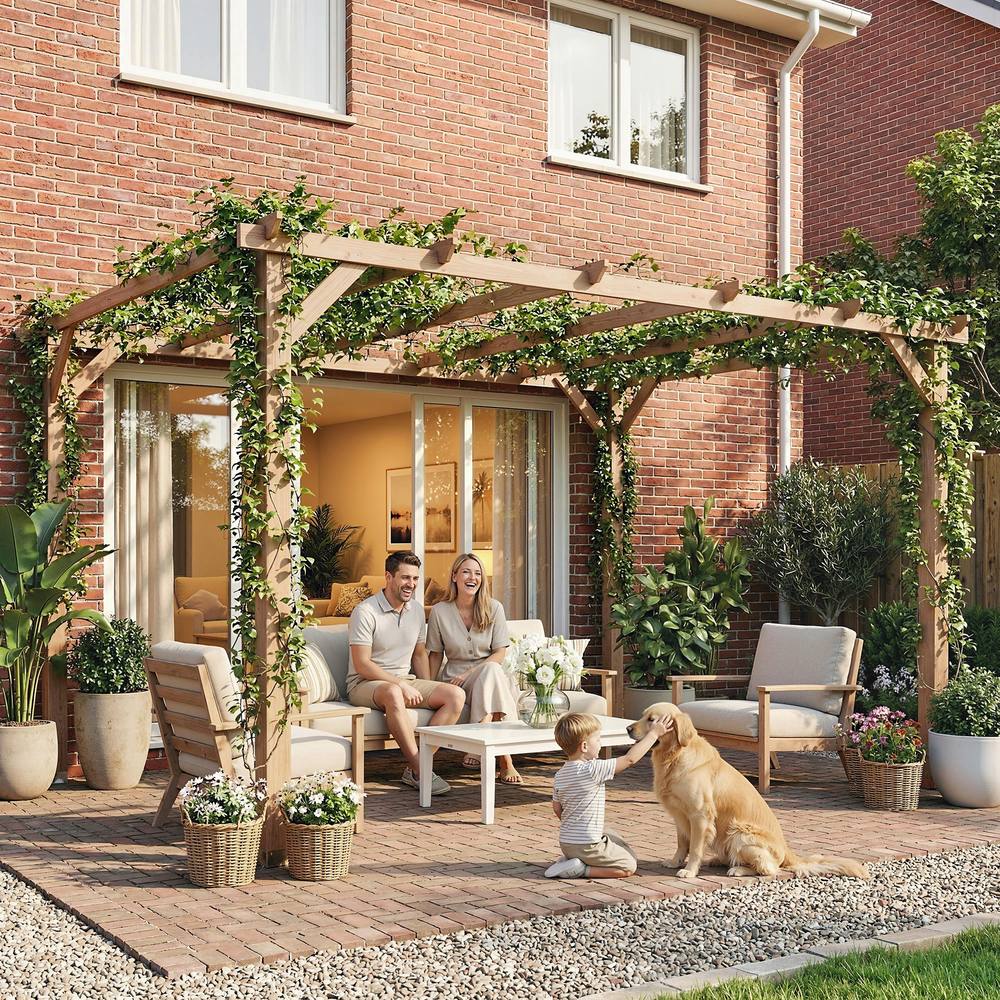 OUTSUNNY 4x3 m Garden Wooden Pergola Gazebo Grape Trellis, Maple Wood-effect in Natural