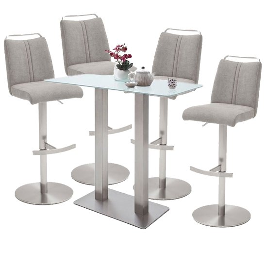 Soho White Glass Bar Table 4 Giulia Fabric Ice Grey Stools