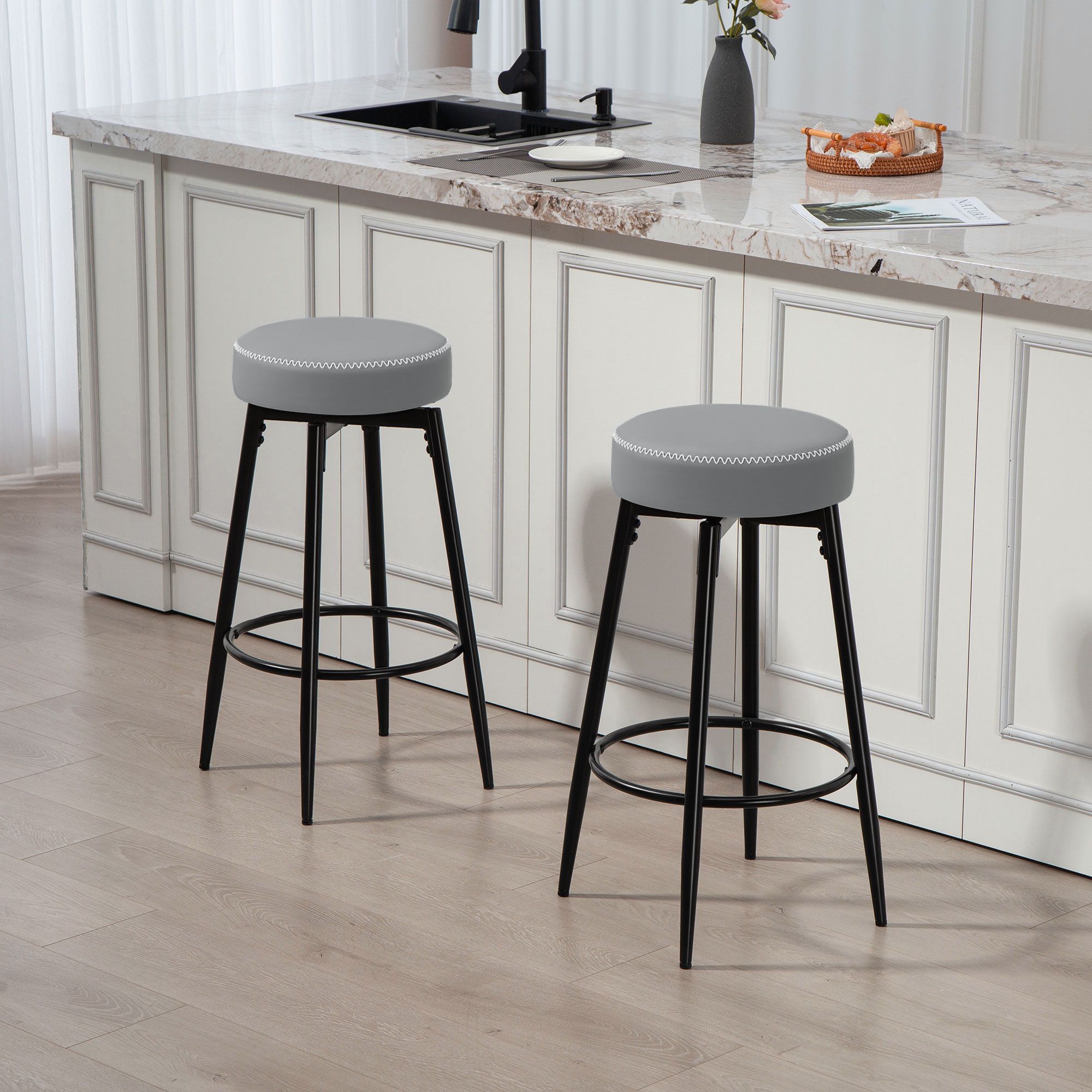 HOMCOM 360 Degree Swivel Bar Stools Set of 2, PU Leather Barstools with Footrest in Grey