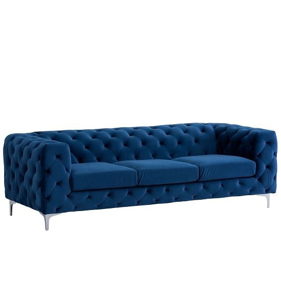 Regina Chesterfield 3 Seater Sofa In Blue Fabric And Chrome Feet