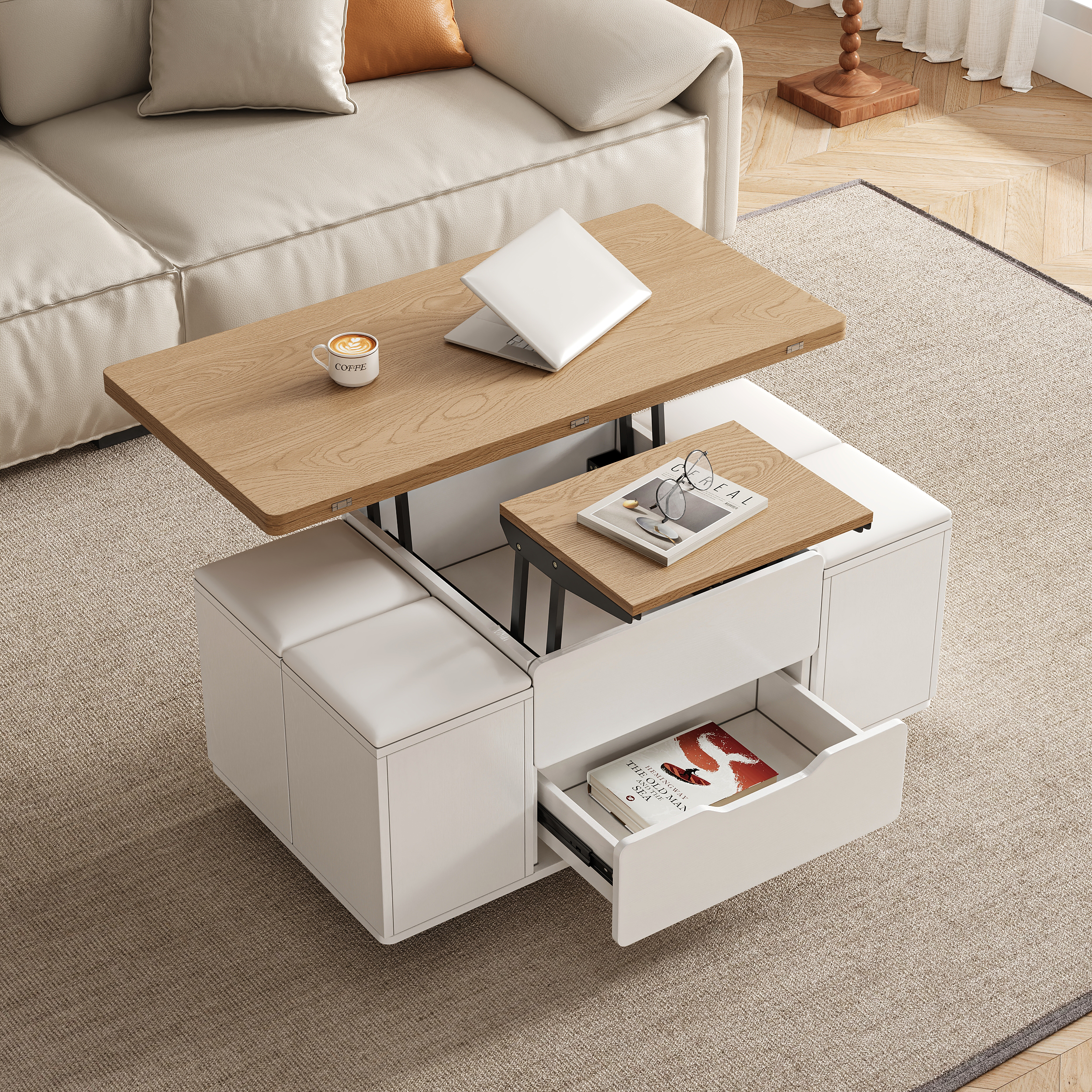 100 cm Lift-Top Foldable Natural &White Coffee Table with 4 Stools & Storage