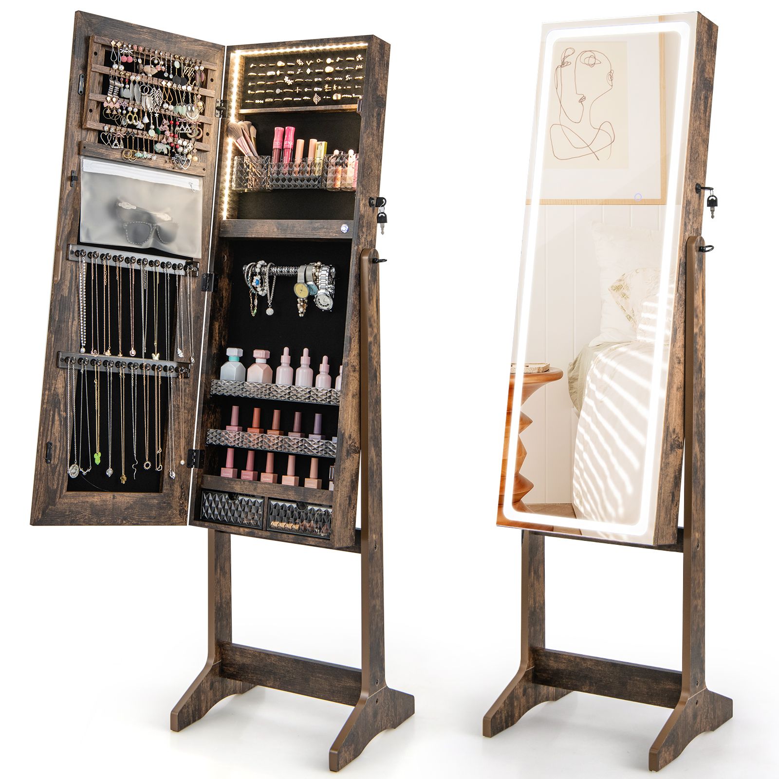 Costway Standing Jewelry Cabinet Lockable Jewelry Armoire w/ LED Lights in Brown