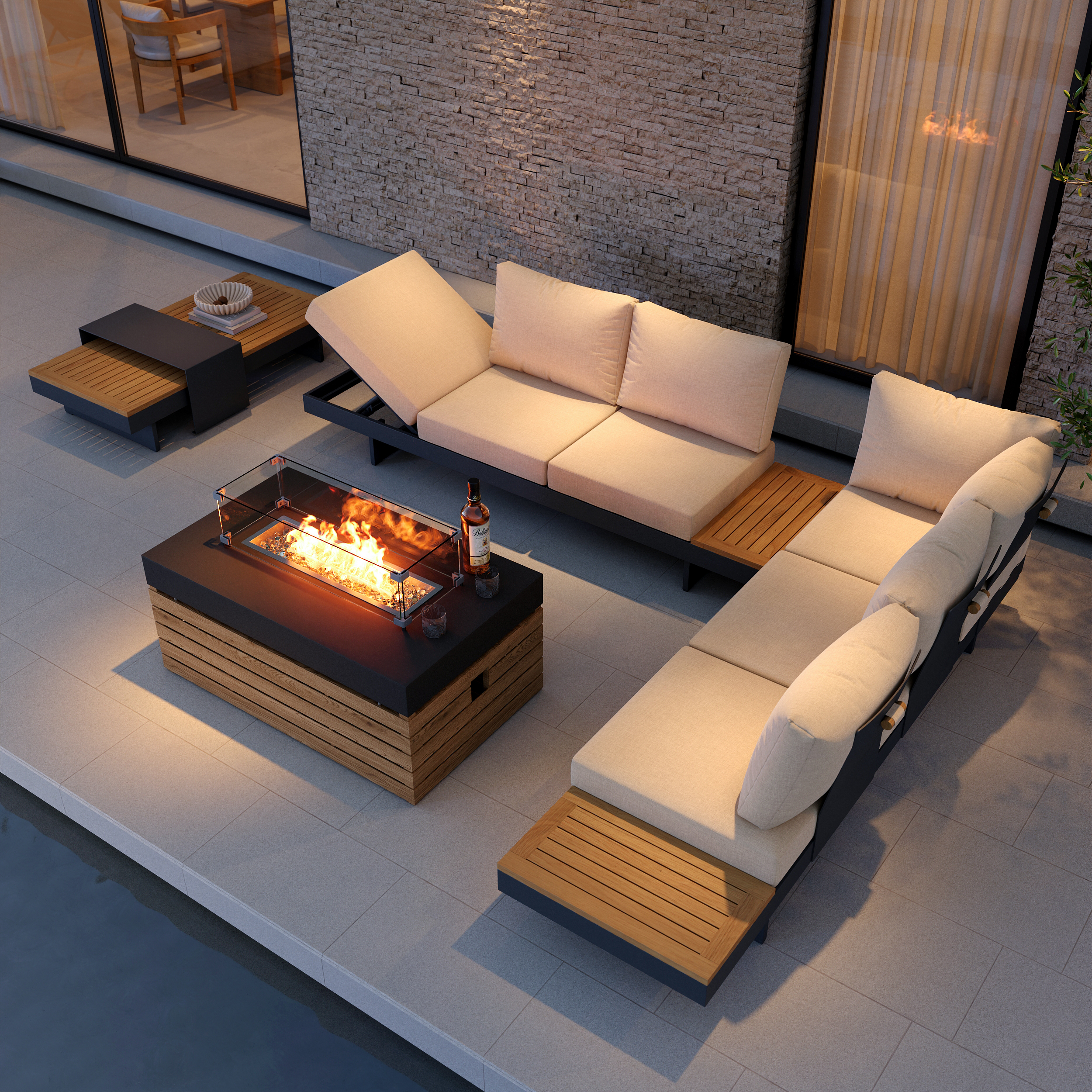 5PCS L Shaped Garden  Sectional Sofa Set with Smokeless Propane Fire Pit Table Yard & Patio Furniture for 6 Person in White Cushion & Pillow Included