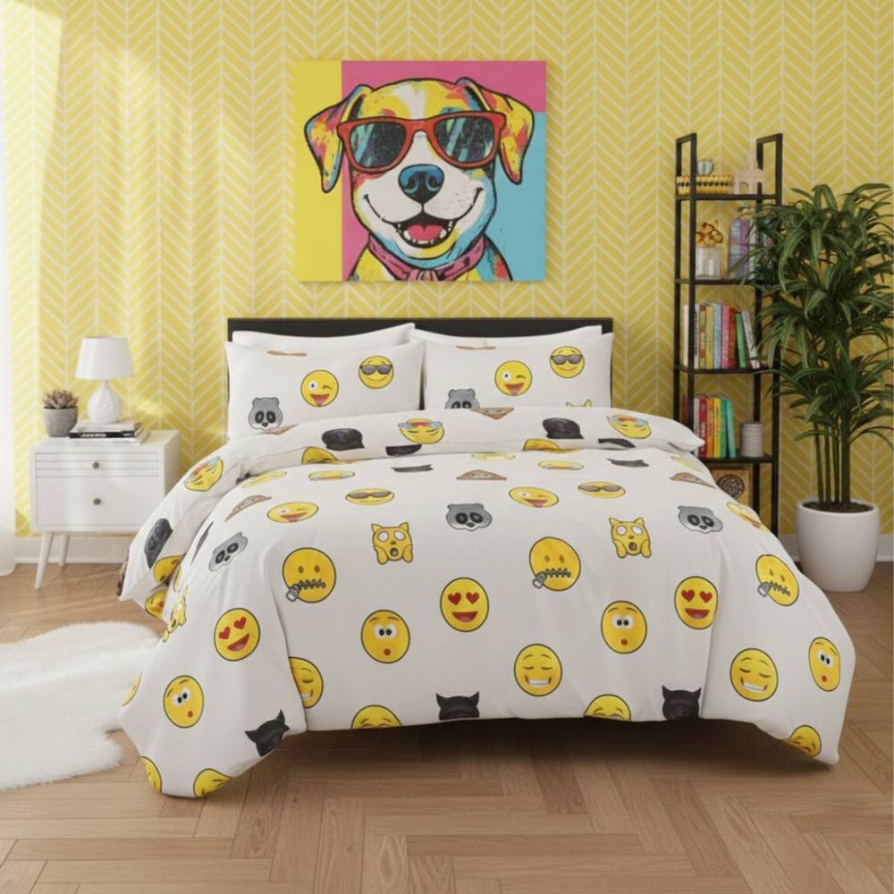 Snug City Emoji Print Duvet Cover Set Cool Playful Bedding with Pillowcases in White