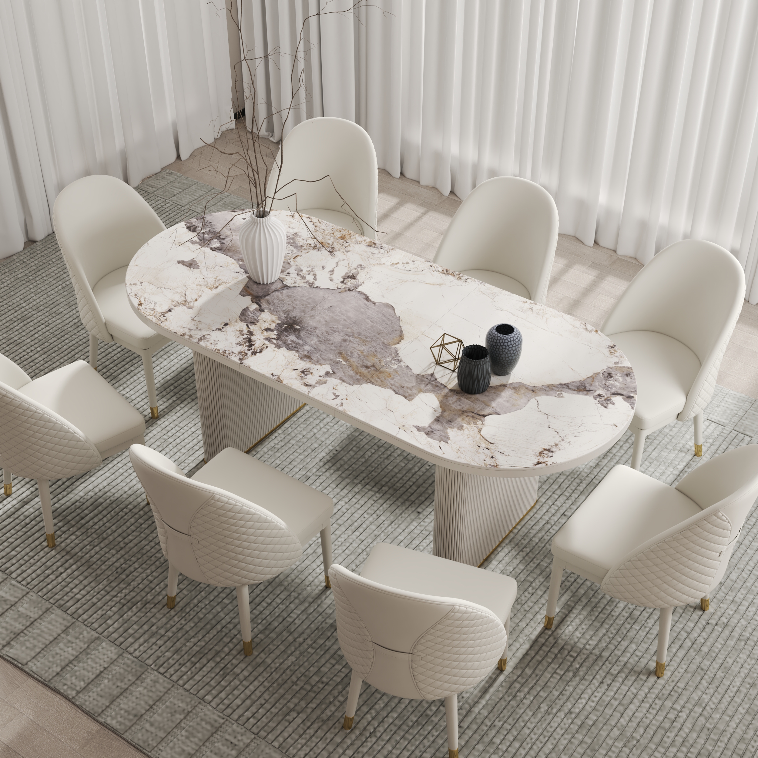 200 cm - 240 cm Oval Extendable Sintered Stone Top Dining Table White Seats 6-10