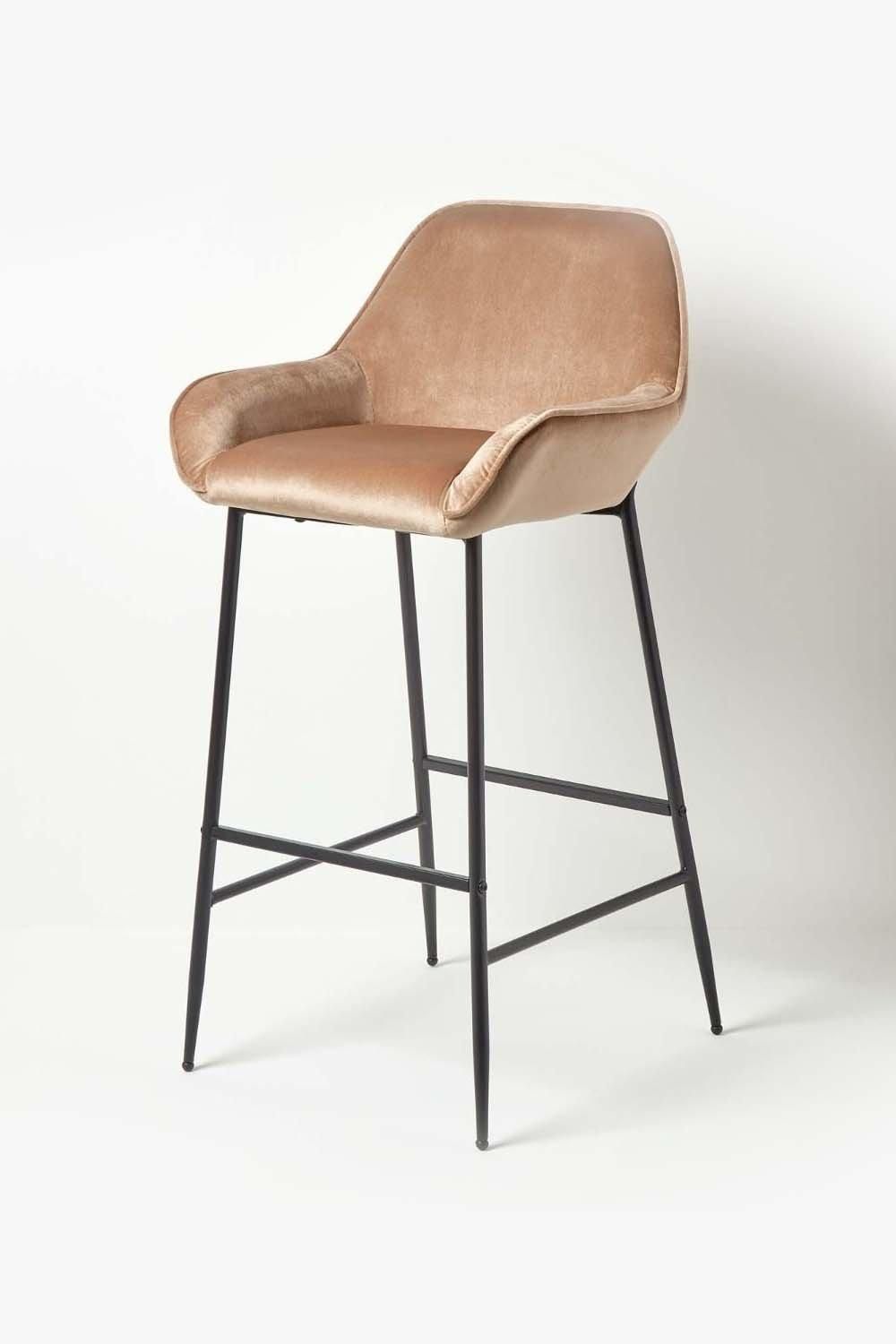 Homescapes Eton Velvet Bar Stool Luxury Upholstered Seat with Arm & Backrest in Beige