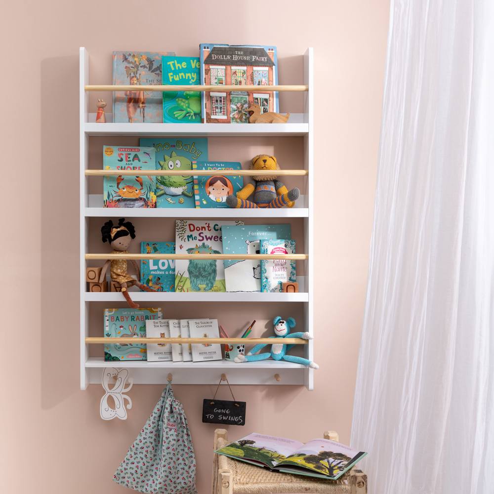 Nöa and Nani Elene Display Wide & Large Shelf Bookcase Wall Mounted & 4 Coathooks in White