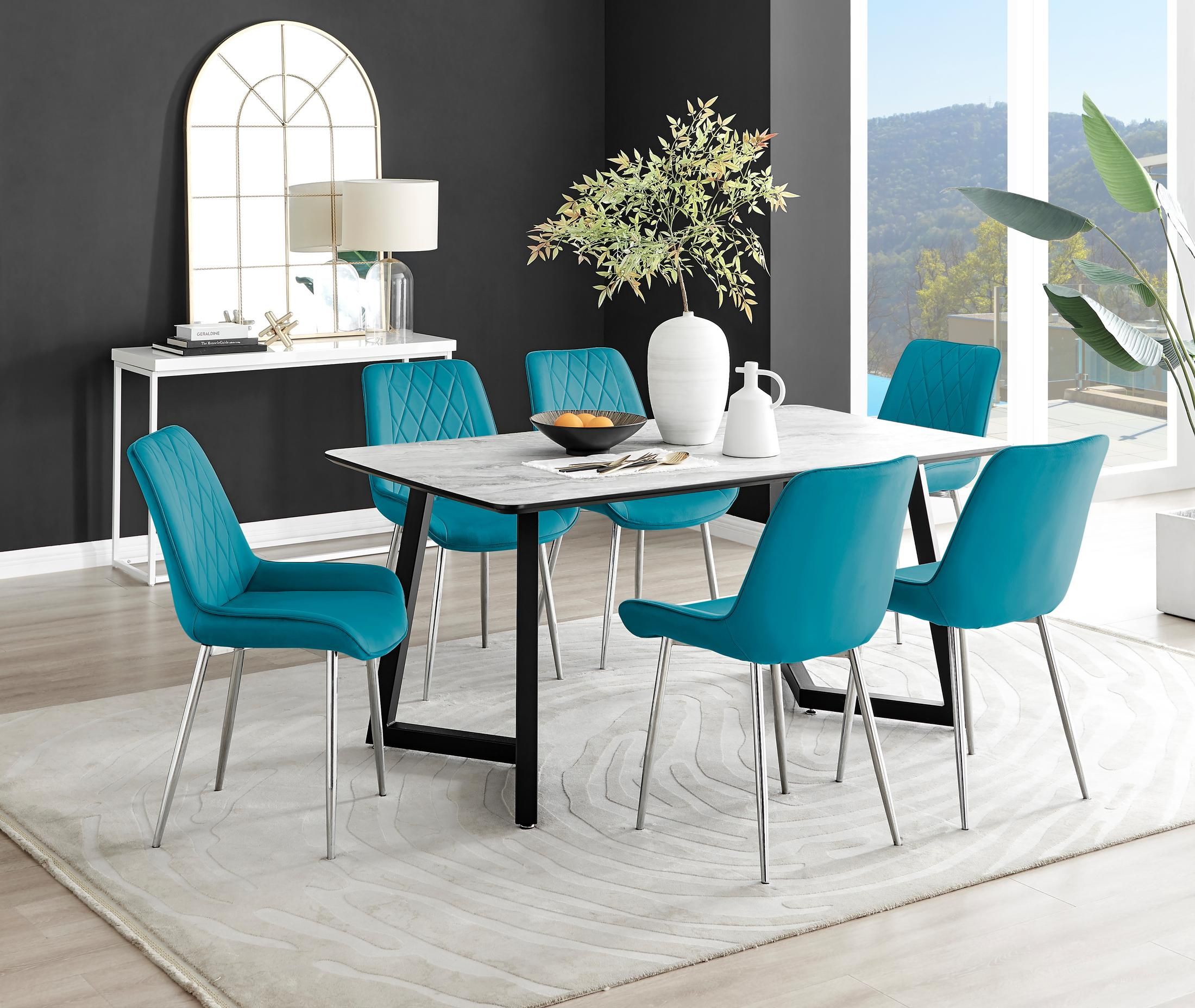 FurnitureboxUK Carson White Marble Effect Dining Table & 6 Pesaro Silver Chairs in Blue