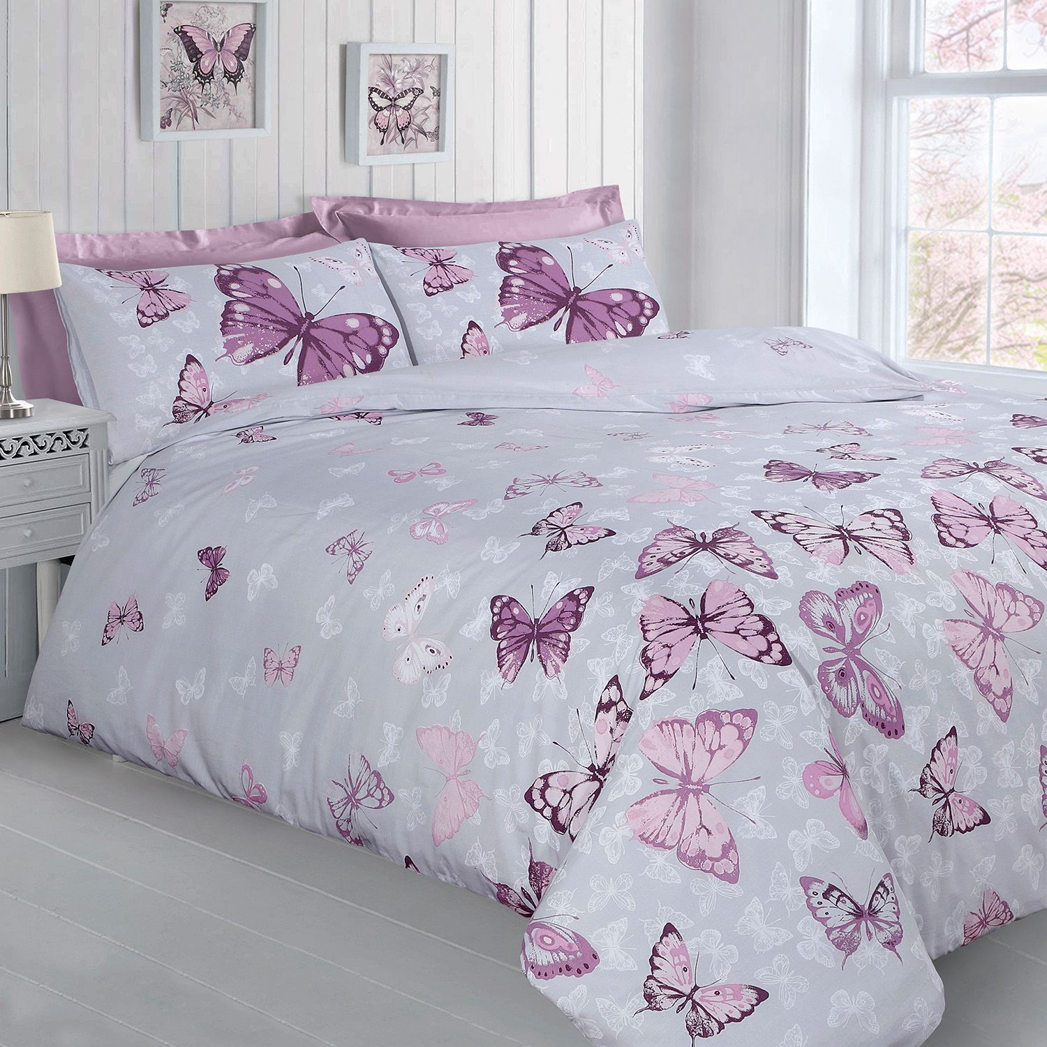 Velosso Butterfly Glaze Cotton Rich Printed Duvet Cover & Pillowcase Set in Grey
