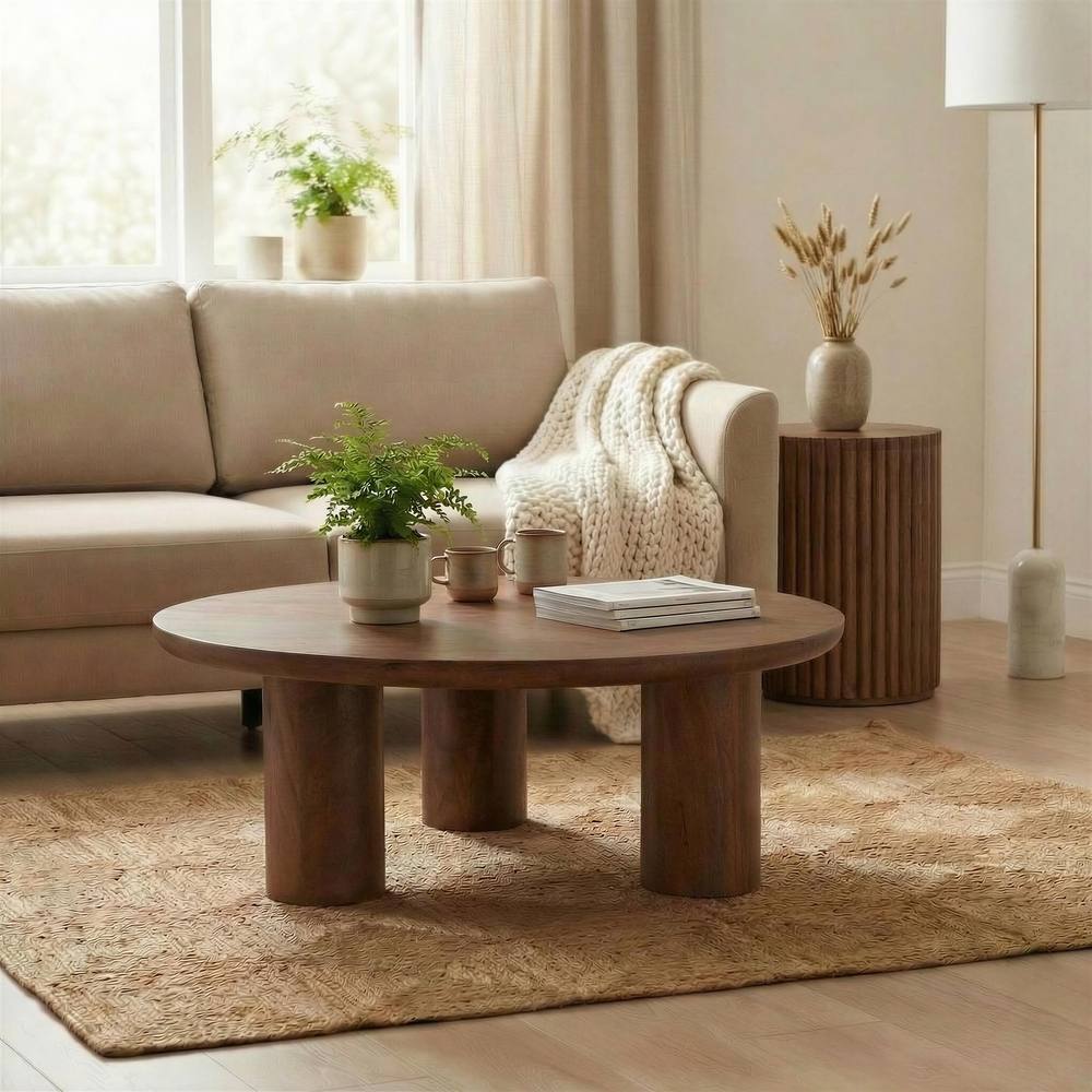 FurnitureboxUK Teton Round Wood 3 Leg Coffee Table in Walnut
