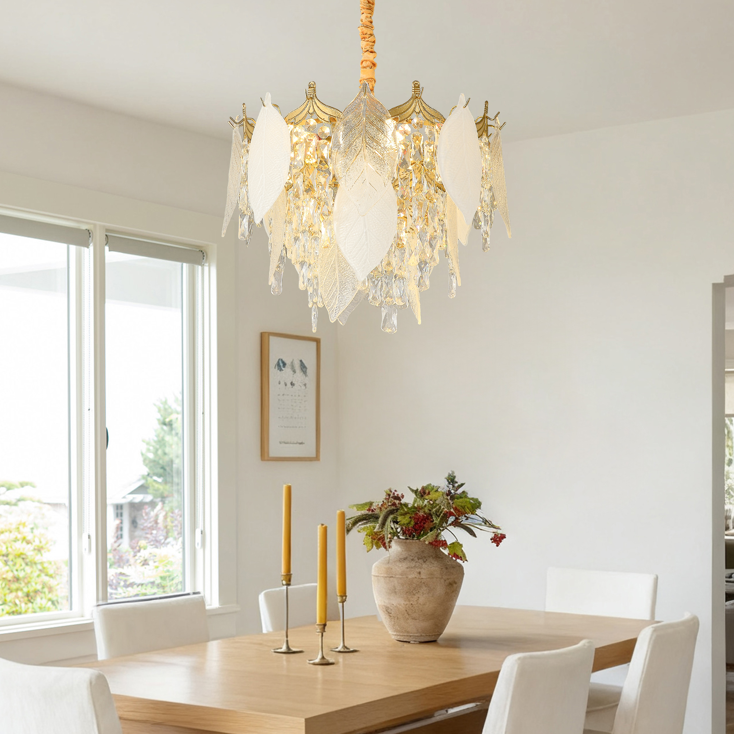 Luxury Tiered Leaf Glass & Crystal Chandelier with Adjustable Hanging Height