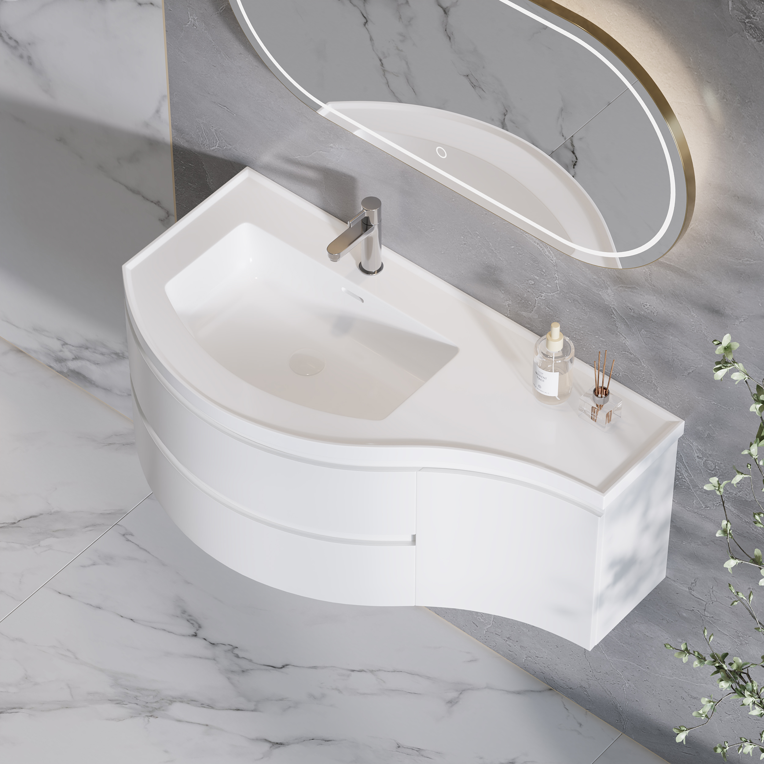 900mm Floating Curved Bathroom Vanity Set of 2 Half-Circle Bathroom Cabinet White