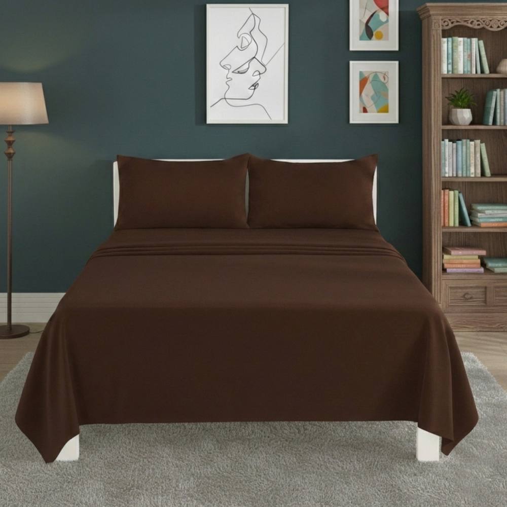 Snug City Easy Care Flat Bed Sheet Polycotton Durable Low Maintenance Bedding in Brown