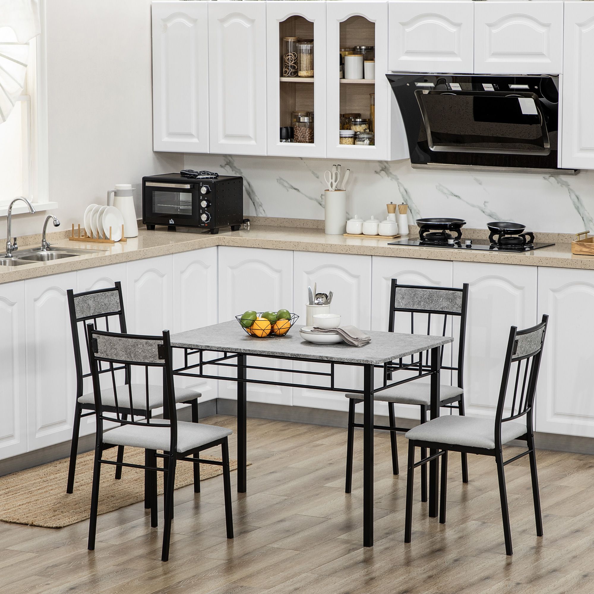 HOMCOM Modern Dining Table & Chairs Set 4 with Padded Seat Metal Frame in Light Grey