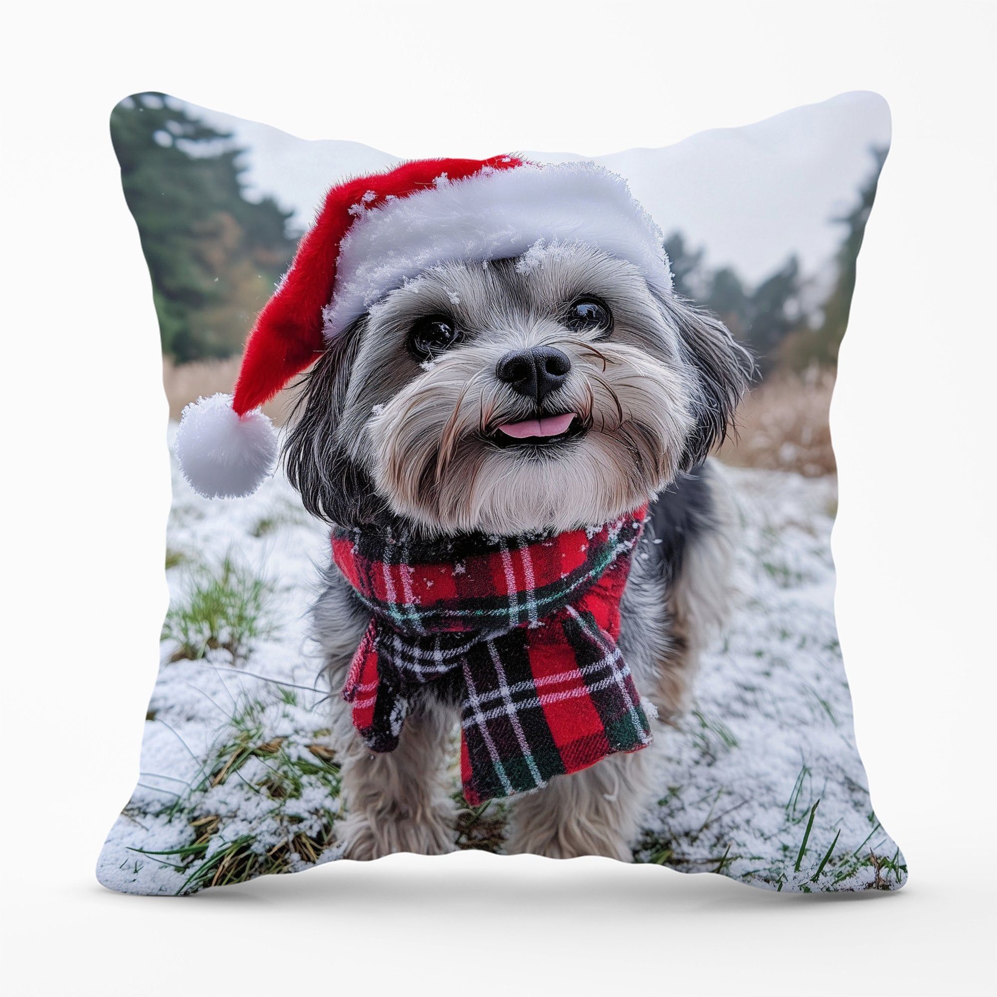 Warren Reed - Designer Christmas Lhasa Apso Cushion in Grey