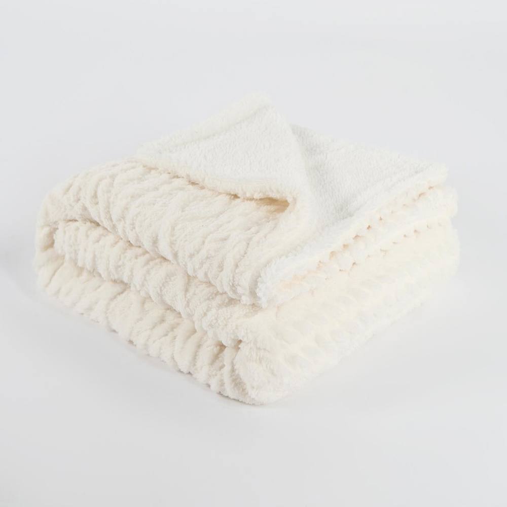 Kelvenix Cable Knit Blanket Sherpa Fleece Sofa Plush Soft Warm - Cream