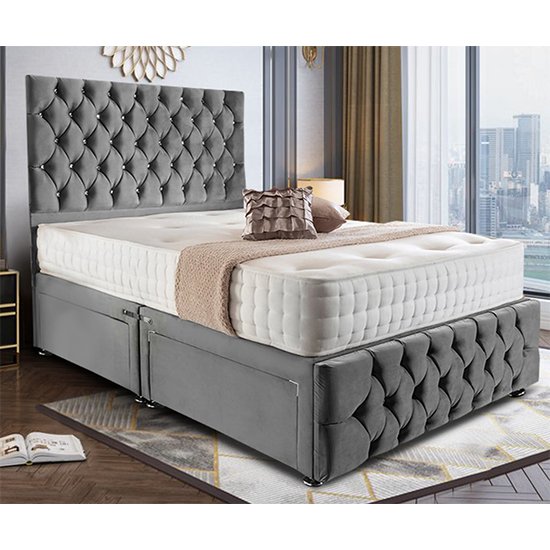 Natchez Plush Velvet Divan Small Double Bed In Grey