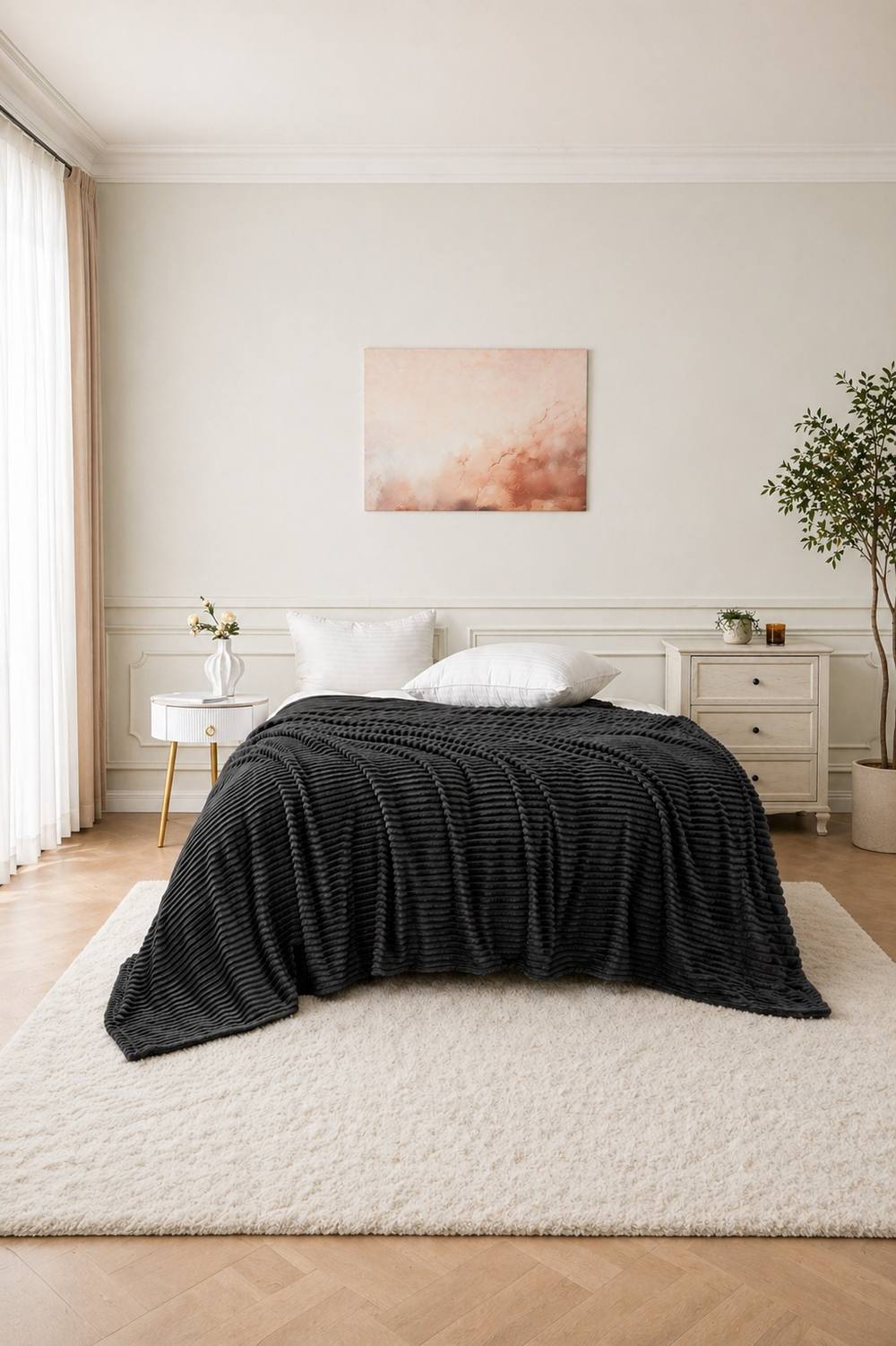 Dyzi Large Supersoft Ribbed Jacquard Fleece Throw Blanket 200 x 240cm in Charcoal