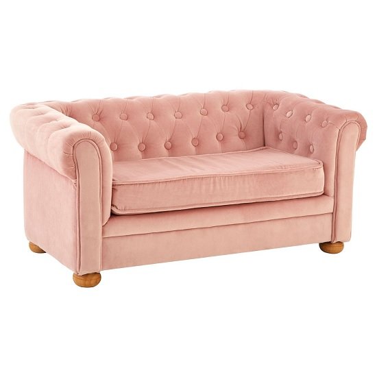 Ernest 2 Seater Kids Sofa In Pink Velvet With Wooden Legs