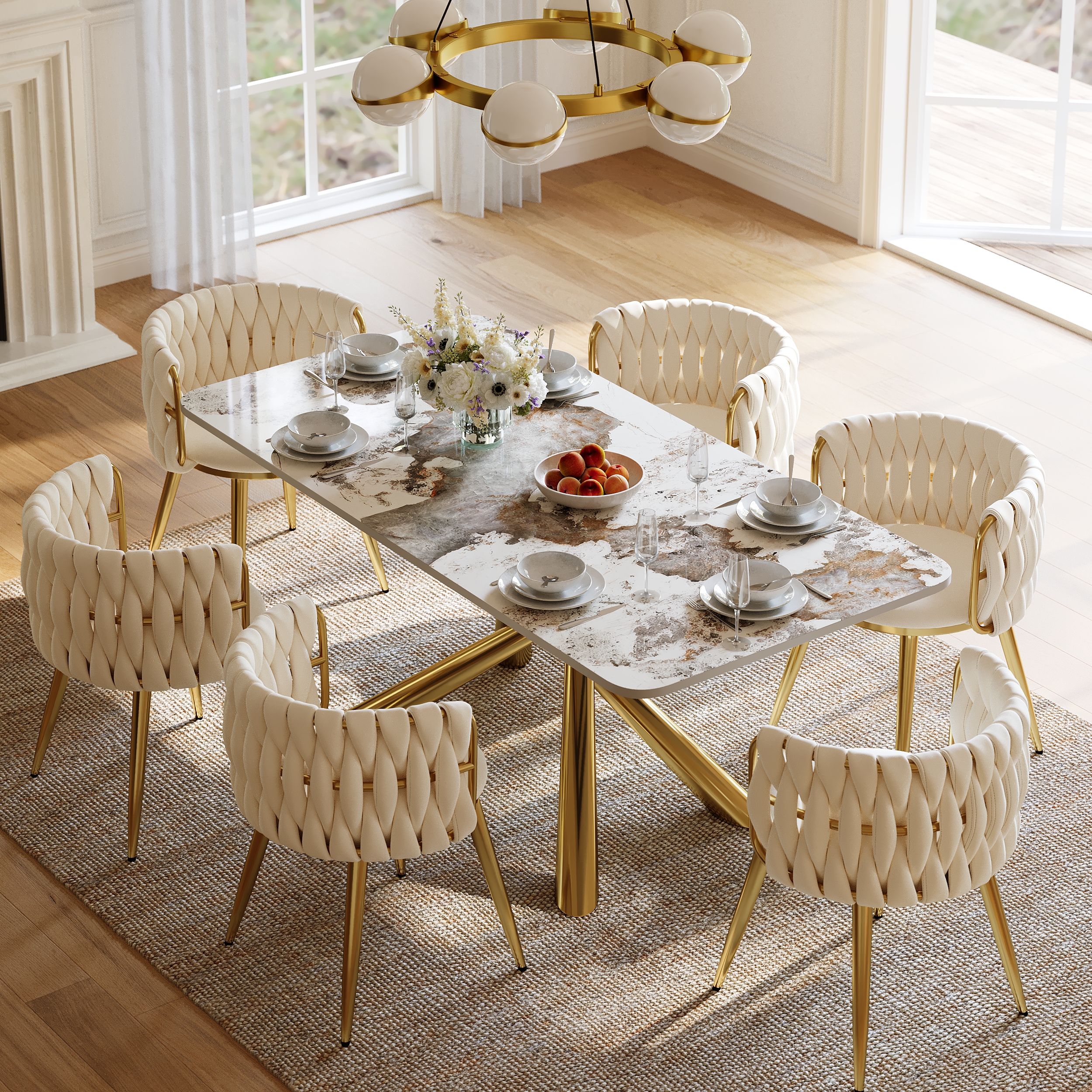 Dining Set 200 cm Rectangle Glossy Pandora Sintered Stone Dining Table with 6 Chairs