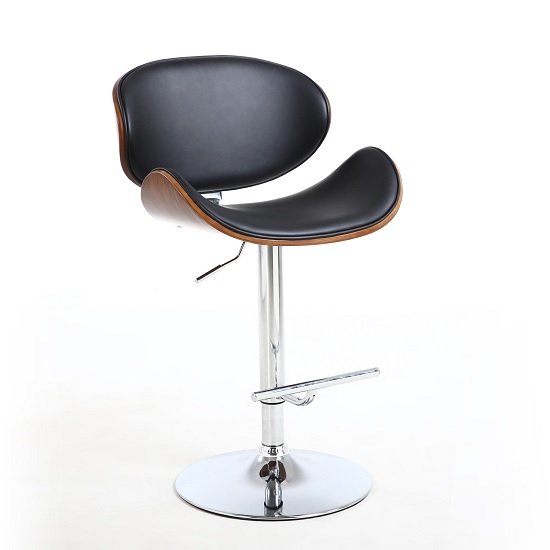 Stinson Bar Stool In Black PU And Walnut With Chrome Base