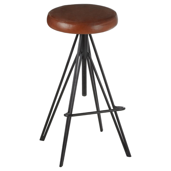 Santorini Round Brown Leather Stool With Black Metal Legs