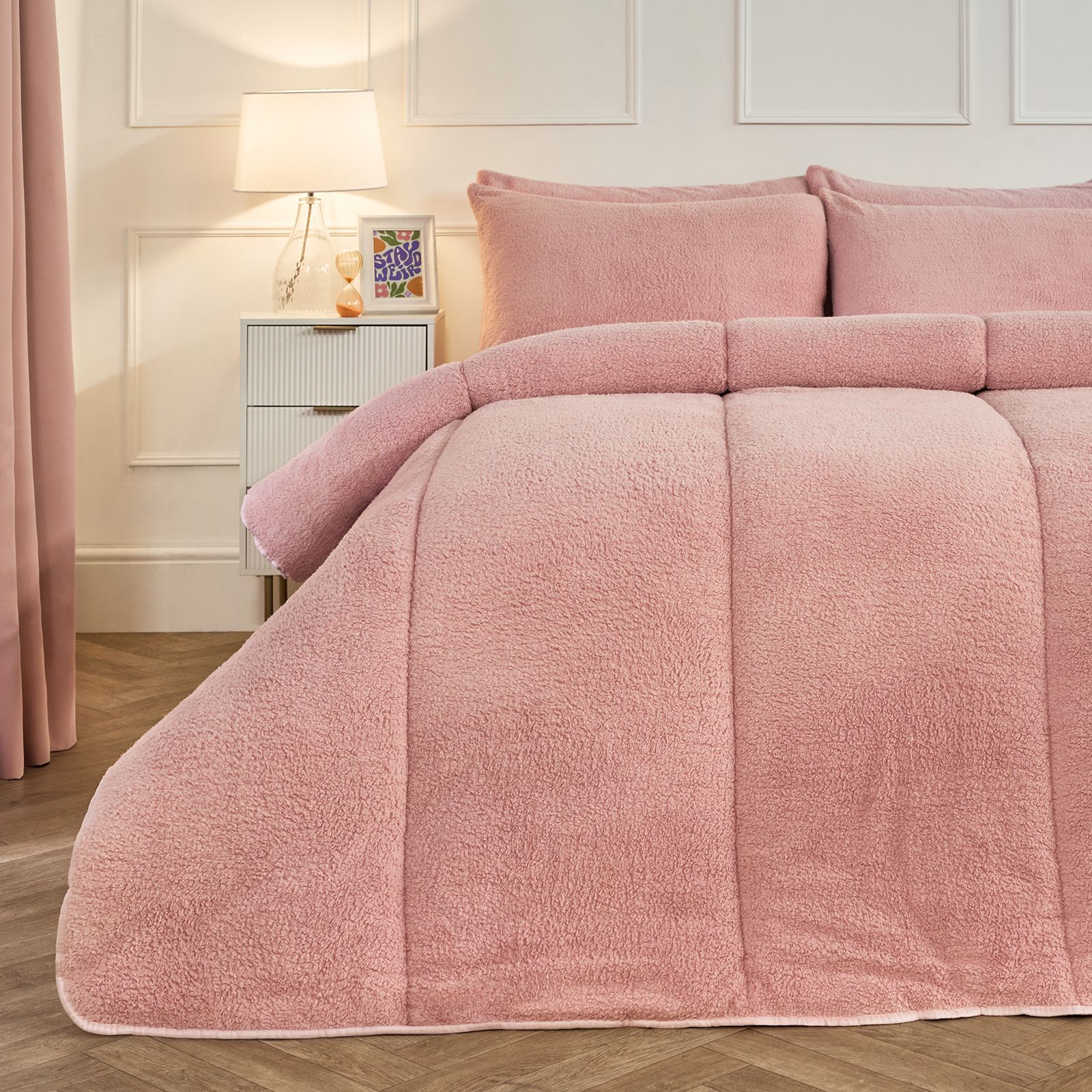 OHS Teddy Fleece 10.5 TOG Coverless Duvet with Pillowcase Bedding Set in Light Pink
