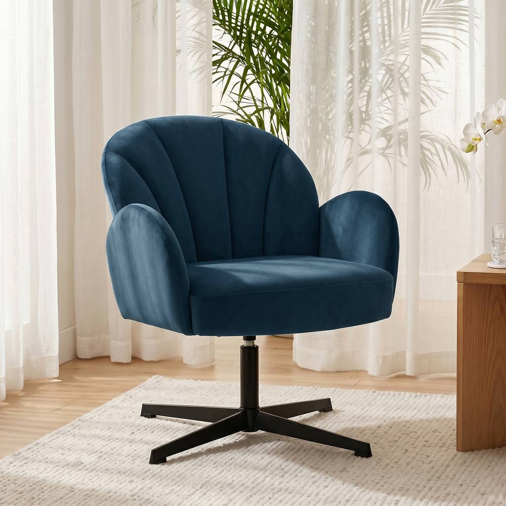 HOMCOM Modern Accent Chair, Shell Swivel Armchair, Velvet-Feel Fabric in Dark Blue