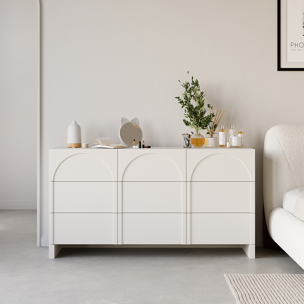 1350 mm Japandi Cream White Dresser Nordic Arch Chest of 9 Drawers Storage Cabinet