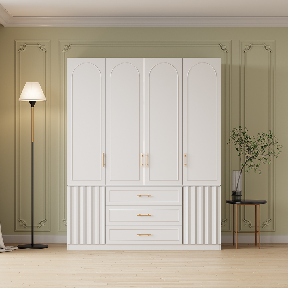 Modern Luxury White Wide Armoire Clothes Cabinet with 3 Drawers & 6 Doors