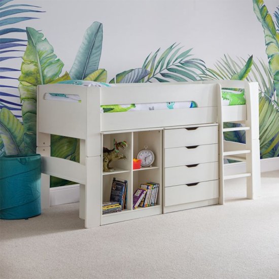 Pluto Bunk Bed With Bookcase And Chest Of Drawers In Stone White