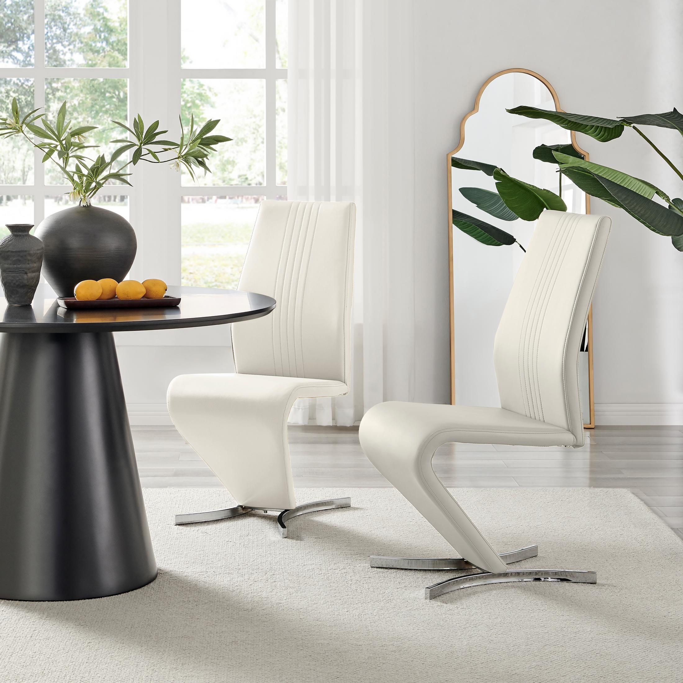 FurnitureboxUK Set of 2 Willow Contemporary Z Shaped Faux Leather Dining Chairs With Silver Chrome Metal Legs in White