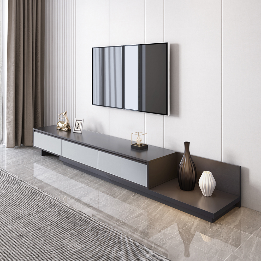 Up to 360 cm Extendable Gray TV Stand Modern Retractable Floor Media Console with 3 Drawers